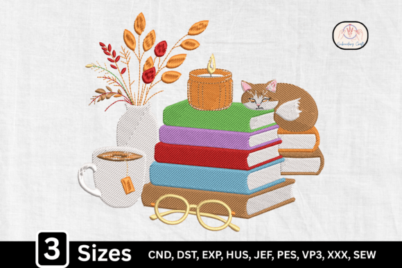 Cozy Cat Book Stack Embroidery for Boutique Apparel
